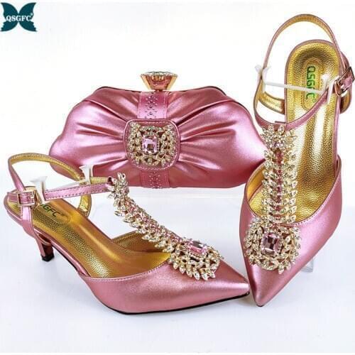 2021 New Arrival Fashion Style Italian Design Pink Color Ladies Shoes and Bags To Match Set Decorated with Rhinestone for Party
