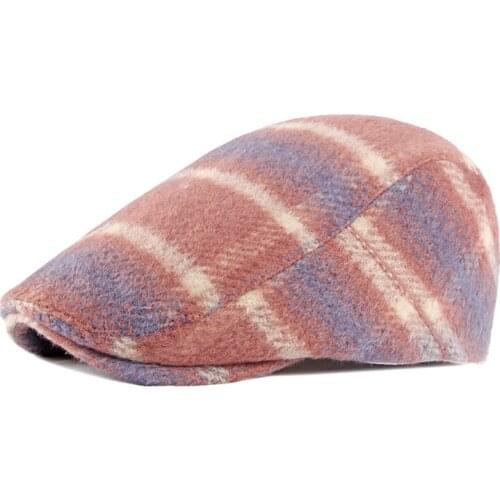 New Beret Womens Autumn and Winter Warm Woolen Hat British Retro Peaked Cap Plaid Mens Forward Hat