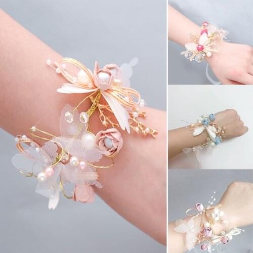 New Butterfly Imitation Pearls Corsage Bracelet Fabric Hand Flowers Girls Bridesmaid Wrist Flowers Wedding Party Accessories