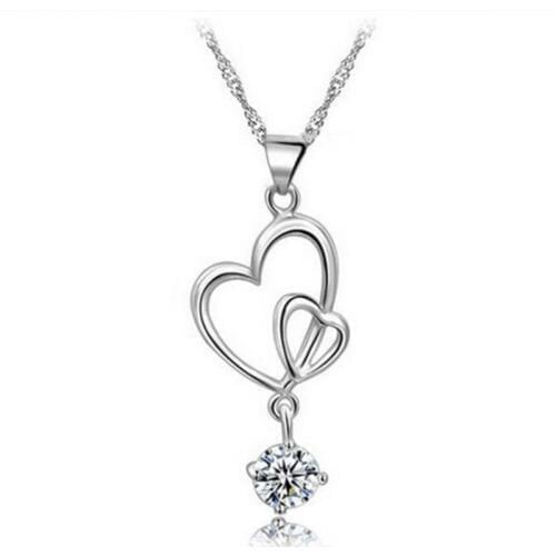 TJP New Fashion Zircon Double Hearts Necklace For Women Jewelry Fashion 925 Sterling Silver Necklace Lady Choker Accessories Hot