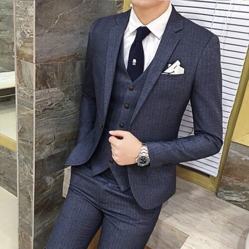 Jacket + Pants ) High-end Brand Bridegrooms Best Mans Formal Wedding Gown Striped Slim Business Suit Blazer Pants 2 Pcs sets