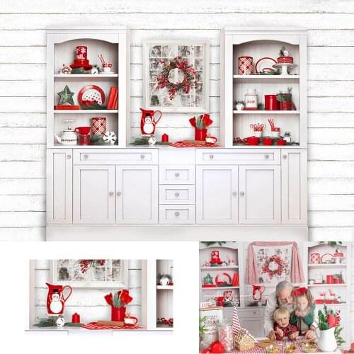 Christmas Backdrop Photography Cupboard Wood Wall Christmas Wreath Backdrops Red Tableware Background Photobooth