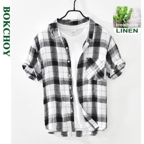 2021 Summer and Spring New Men Retro Plaid Short Sleeve Linen Shirt Youth Thin Breathable Workwear Black Blue Top GD-2011