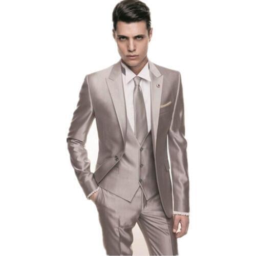 New Arrival Groom Tuxedo Shiny Khaki Groomsmen Peak Lapel Wedding/Dinner Suits Best Man Bridegroom (Jacket+Pants+Tie+Vest) B487
