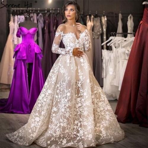 Ivory Handmade Flowers O-Neck Wedding Dresses 2020 Long Sleeve High-end Sexy Bridal Gowns DHA2394 Custom Made