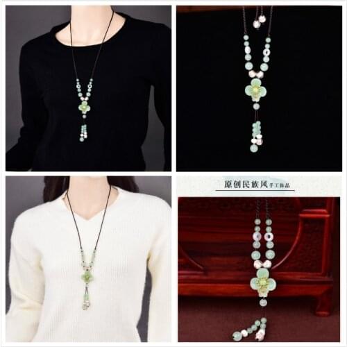 Temperamental Long Pale Green Coloured Glaze Sweater Chain Retro Fresh Golden Sand Coloured Glaze Fairy Necklace