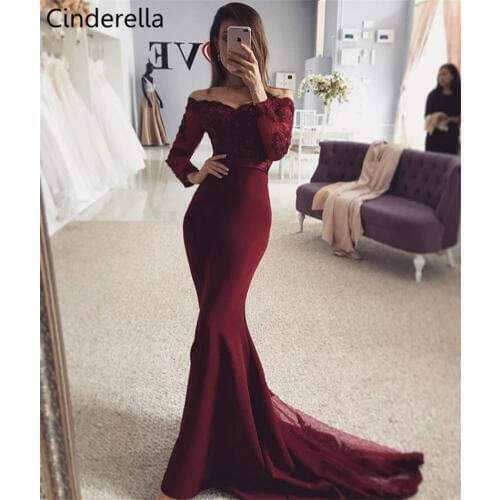 Cinderella Burgundy V-Neck Long Sleeves Satin Lace Applique Crystal Beading Mermaid Evening Dresses vestidos de fiesta de noche