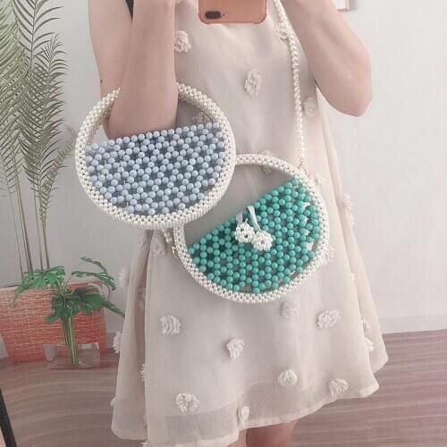 Womens Fashion Hand-Woven Bag DIY Woven Shoulder Bag Wild Ladies Messenger Wedding Circular Crossbody Pearl round Bag Purse