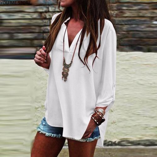 NEW Women Long Sleeve Chiffon Blouse Casual V Neck Loose Shirts Solid Tops Plus Size