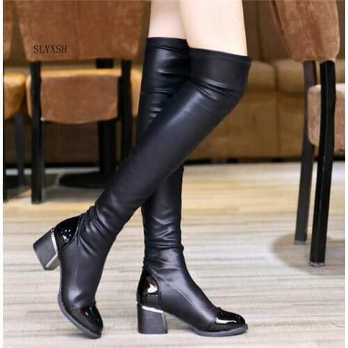 2019 Fashion PU Leather Over Knee Boots Women Sequined Toe Elastic Stretch Thick Heel Thigh High Riding Winter Boots Size 40