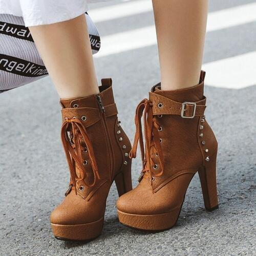 Women PU Leather Martin Boots Fashion Zipper Rivet Ankle Booties Ladies Platform Round Toe Square Heel Winter Boots