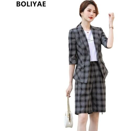 Boliyae Womens Summer Suit Casual Fashion 3/4 Sleeve Plaid Blazers and Shorts Office Ladies Jacket Tops Ensemble Femme 2 Pièces