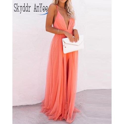 Womens Summer Maxi Dress Deep-Veck Sleeveless Backless Mesh Sexy Party Night Dress For Woman Slim Long Robe Female
