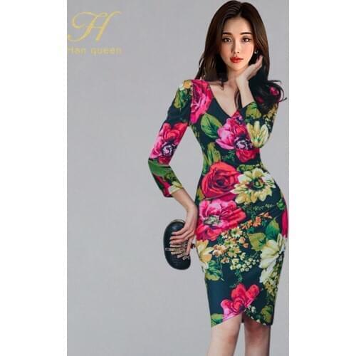 H Han Queen New 2020 Autumn V-neck Flower Print Pencil Dress Sexy Knee-length Women Vestidos Elegant Occupation Bodycon Dresse