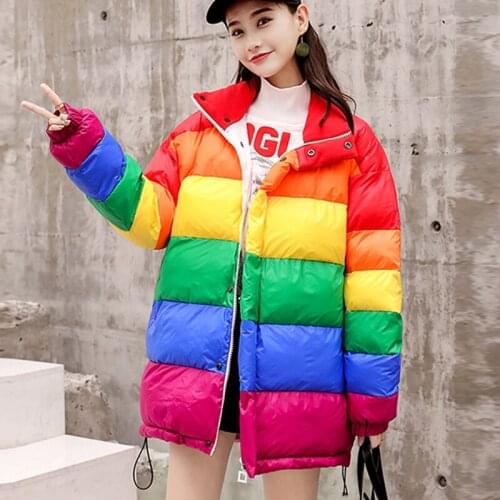 Winter Warm Down Jacket Thicken Women Parkas Rainbow Spliced Winter Coat Loose Women Cotton Jackets Streetwear Outerwear