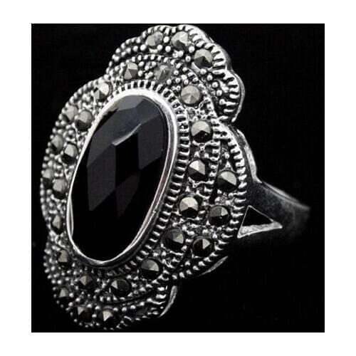 24*16mm Rare 925 Sterling Silver Natural Black Faceted Natural jade Marcasite Ring Size 7/8/9/10