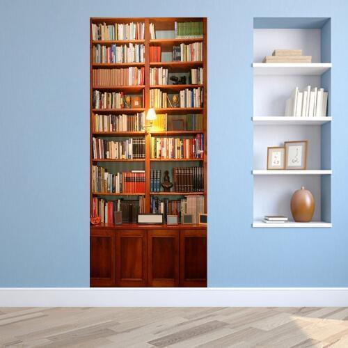 3D DIY Creative Retro Vintage Bookcase Door WallPaper Mural Wall Sticker PVC Waterproof Living Room kids Room Home Decor