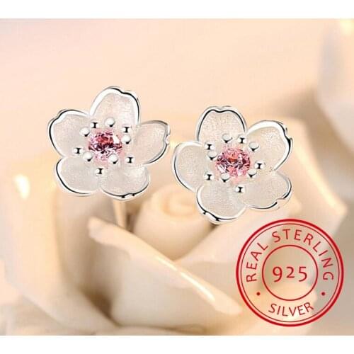 925 Sterling Silver Earrings Cherry Blossom Inlaid Pink Zirconia Ear Cute Stud Earrings for Women Wedding Party Jewelry Gift