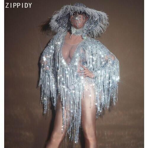 Glisten Silver Sequins Tassel Spandex Bodysuit Prom Party Birthday Celebrate Outfit Female Singer DJ Show Stage Wear