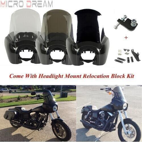 Black Motorcycle Front Headlight Fairing Windscreen w/ Relocation Block Kit For Harley Dyna Low Rider Street Fat Bob FXR 1987-18