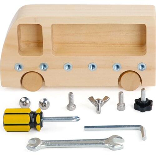 Childrens Wooden Screw Toy Bus Shaped Work Platform Edutainment Tool Box Wrench Screw Driver Montessori Diy Busy Board Toy Kids