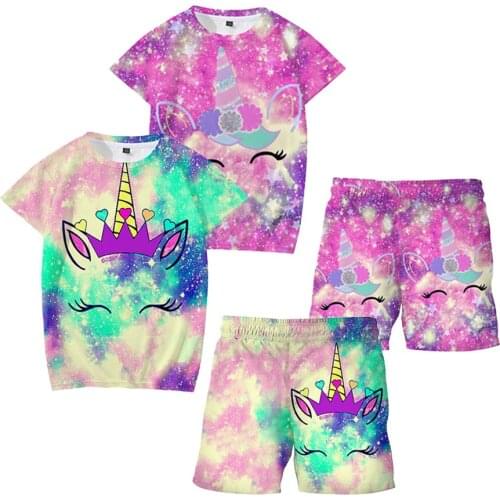 Kids Personality 3D Printing Unicorn T-Shirt Suit Boys And Girls Summer Short-Sleeved Tops + Shorts Toddler Kids Beach Clothes