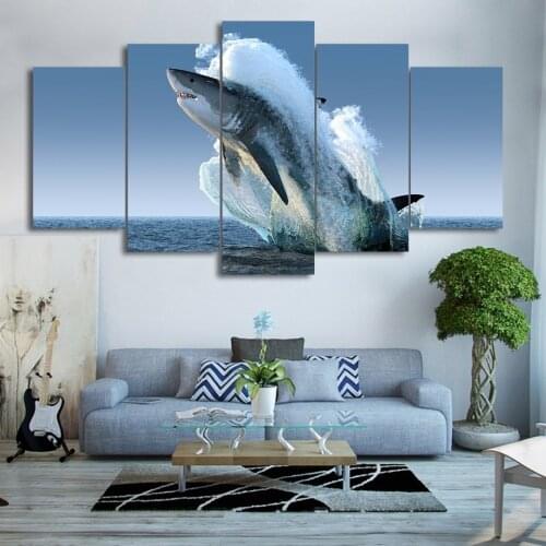 Home Decor Living Room Wall Art 5 Panel Jumping White Shark Painting Framework Printed Modern Canvas Poster
