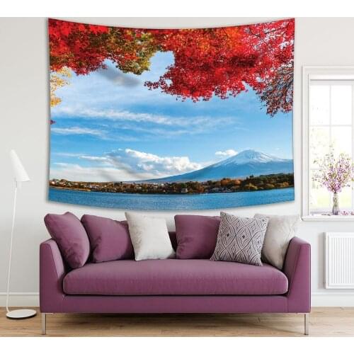 Tapestry Snow Capped Mount Fuji View from Kawaguchi Lakeside Maple Trees Autumn Sunny Day Scenery Blue Green Red