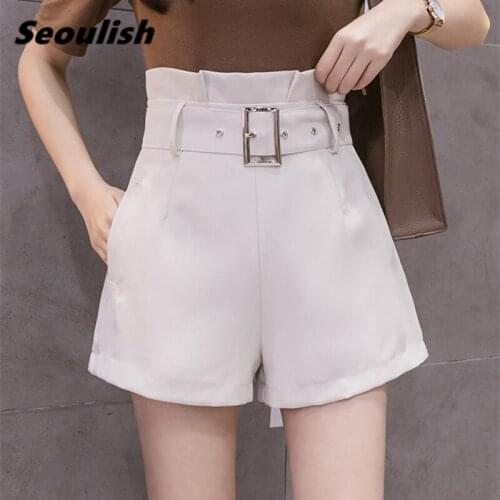 Seoulish 2021 Summer Casual Womens Shorts with Belted High Waist Wide Leg Shorts Elegant Workwear Female Solid Loose Trousers