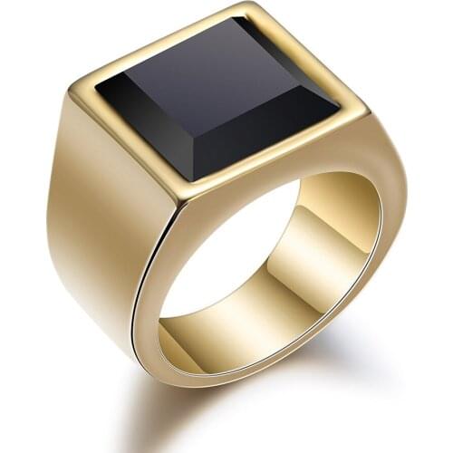Gold Color Wedding Rings for Men Stainless Steel Polished Black Stone Sqaure Ring Good Quality