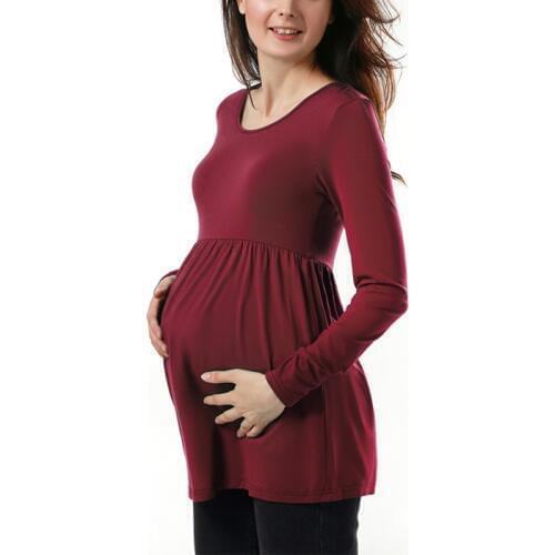 Pregnant womans pure blouse side fold round collar T-shirt maternity long sleeve top pregnant shirt pregnant costume
