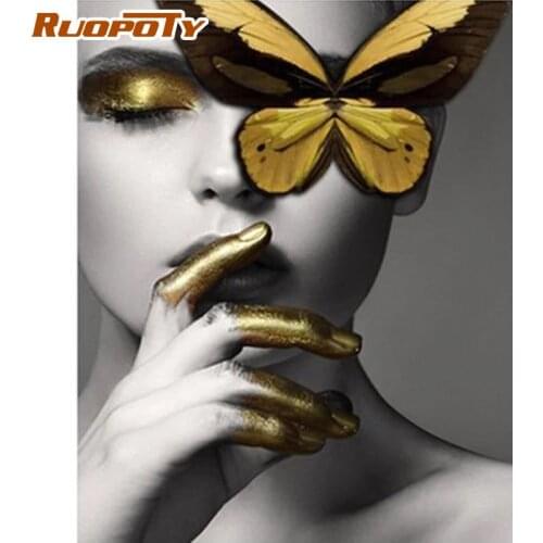 RUOPOTY Yellow Butterfly On Woman Face Figure Painting By Numbers For Adult Children Hand Painted 60x75cm Framed Oil Pictures