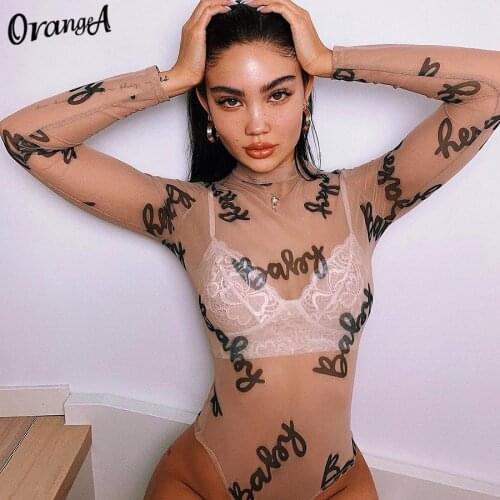OrangeA mesh sexy women full sleeve mesh bodysuits fitness letter print fashion swimsuit bodycon clubwear fashion fitness outfit