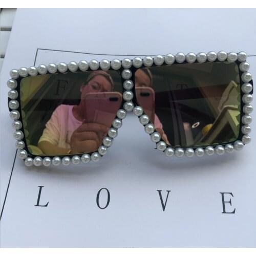 Handmade Pink Mirrored Lens Men Women Sunglasses Luxury Pearl Eyewear Oversized Shades UV400 Eyeglasses Big Face Oculos de sol