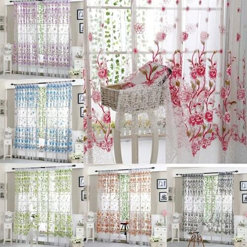 Glass Door Decor Curtain Elegant Women Bedroom Peony Voile Curtain Tulle With Lace Ham Pendants French Window Drape Sheer #P2