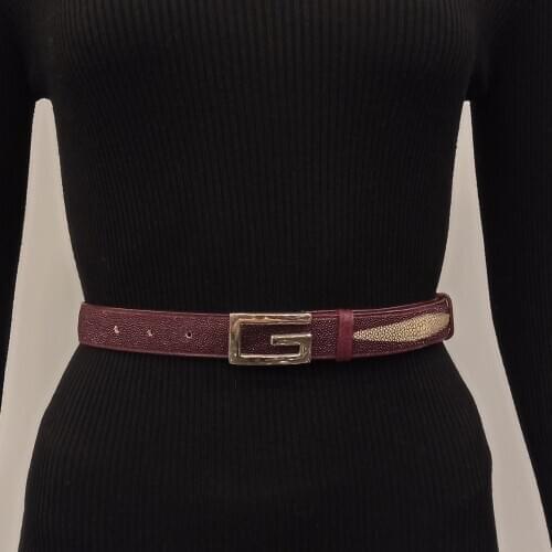 Women Genuine Leather Belt Female Vintage Metal Buckle 2021 New Fashion Waistband Natural Stingray Skin Burgundy Luxury for Lady
