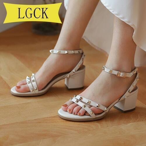 Plus Size 34-43 New Summer Ankle Rivet Buckle Fashion Womens Sandals Genuine Leather High Heels Women Female Sexy Party Pumps