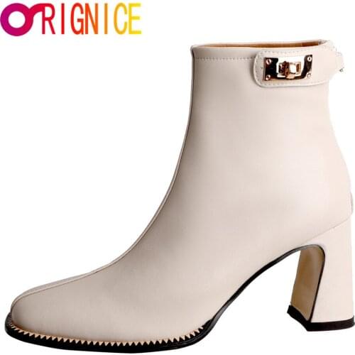 Orignice 2021 Trendy Ankle Boots Women Square Toe Fashion Autumn Zipper Comfortable Block Metal Buckle High Heels Lady Shoes