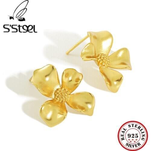 SSTEEL Stud Earrings Fine Jewelry 925 Sterling Silver Earings For Women Minimalist Flowers Party Gold Earring Aretes De Mujer