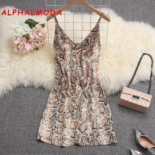 ALPHALMODA 2019 Summer Ladies Fashion Snake Print Single Breasted Mini Spaghetti Strap Dress A-line Trendy Animal Print Vestidos