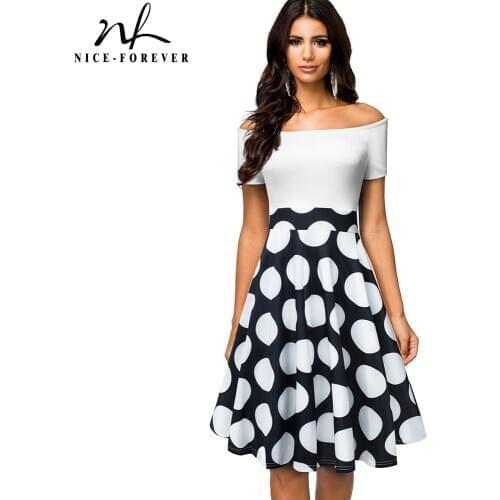 Nice-foreverSummer Women Retro Polka Dots Patchwork Dresses Party A-Line Flare Sun Dress A015