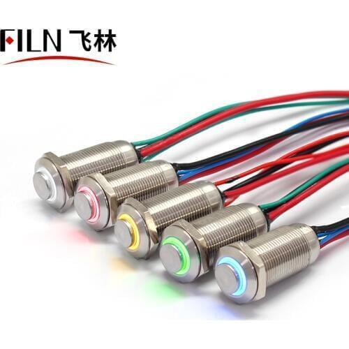 FILN 12mm High head Momentary Latching led stainless steel Push Button Switch with wire