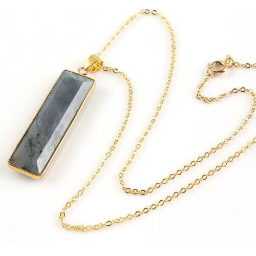 FYJS Unique Light Yellow Gold Color Rectangle Shape Labradorite Stone Pendant Necklace