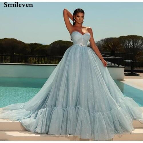 Smileven Sky Blue Sweetheart Neck Pom Dress 2021 Ball Gown Shiny Glitter Corset Back Formal Party Gowns