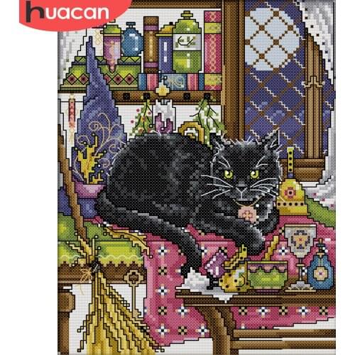 HUACAN Cross Stitch Animal 11CT 14CT Cross Stitch Sets White Canvas Embroidery Cat Needlework Handicrafts