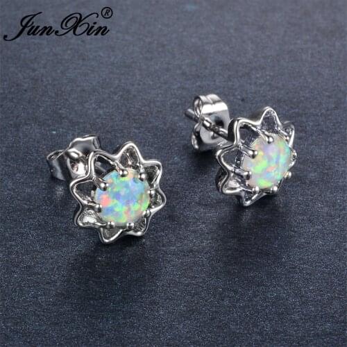 JUNXIN 2017 New Fashion Female Round White Fire Opal Stud Earring Silver Color Jewelry Double Earrings For Women