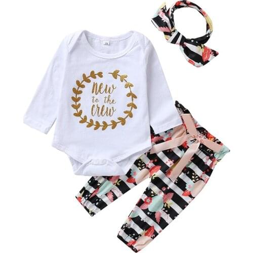 3pcs Casual Baby Girls Clothes Sets Korean Personality Printing Long Sleeve Romper and Floral Pants and Headdress