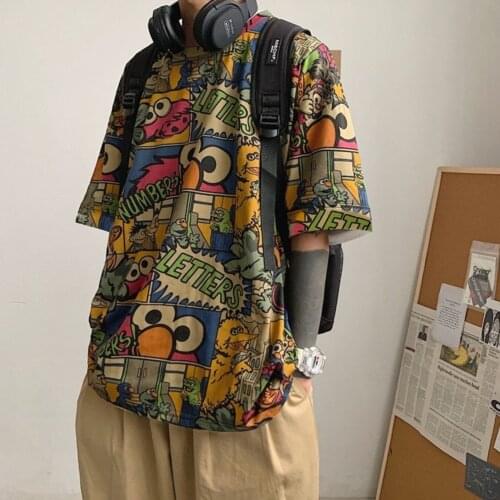 Summer Hong Kong style T shirt loose casual boys plus size short sleeve couple Japanese trend graffiti half sleeve top T