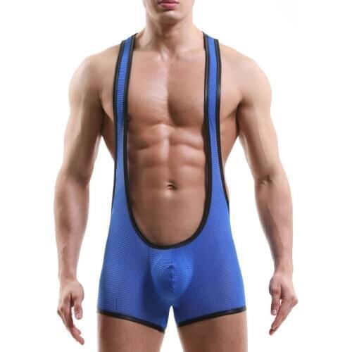 Mens Mesh Undershirts Leotard Sheer Elastic Slip Homme Bodysuits Shorts Sexy Big Bugle Pouch Jumpsuits Fetish Underwear Clubwear