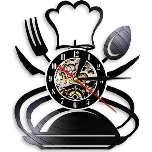 Cooking Cutlery Vinyl Record Wall Clock Chef Cap Vintage Kitchen Room Restaurant Catering Services Decor Wall Art Clocks Watch